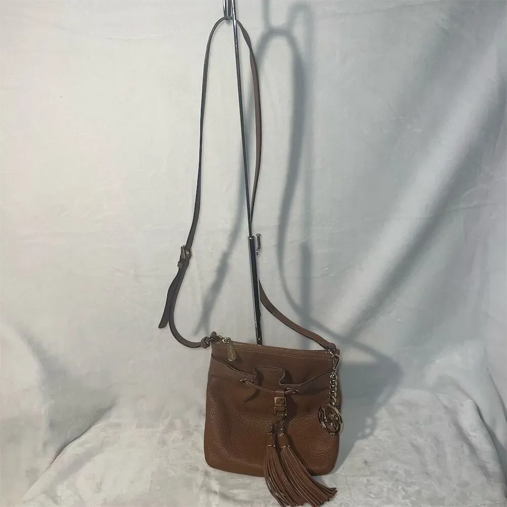 Michael Kors Cognac Brown Leather Crossbody Handbag with Tassel